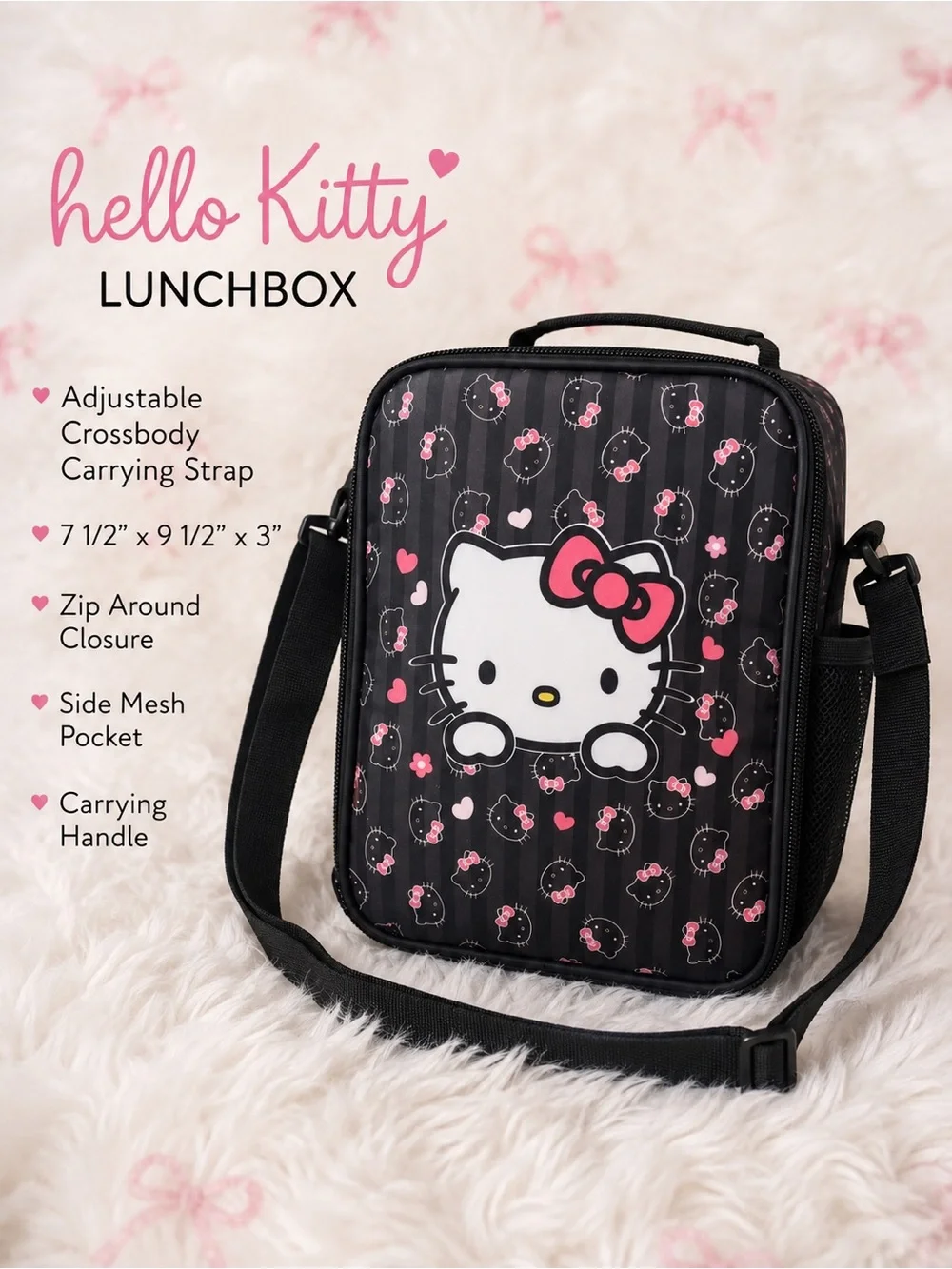 Hello Kitty Black and Pink Kids Lunch Bag with Adjustable Strap NEW